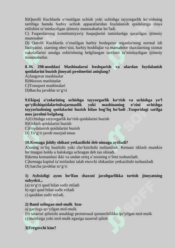 Jinoyat huquqi fanidan aralash testlar 7