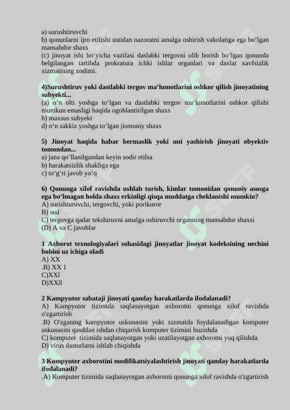 Jinoyat huquqi fanidan aralash testlar 8