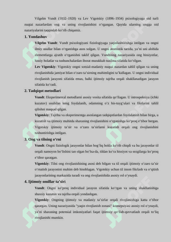V.Vundt va L.Vigotskiy tomonidan o'rganilayotgan ong nazariyalari 2