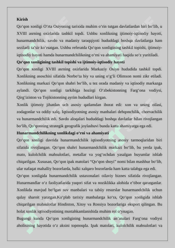 Qo‘qon xonligida Hunarmandchlik taraqqiyoti. 2