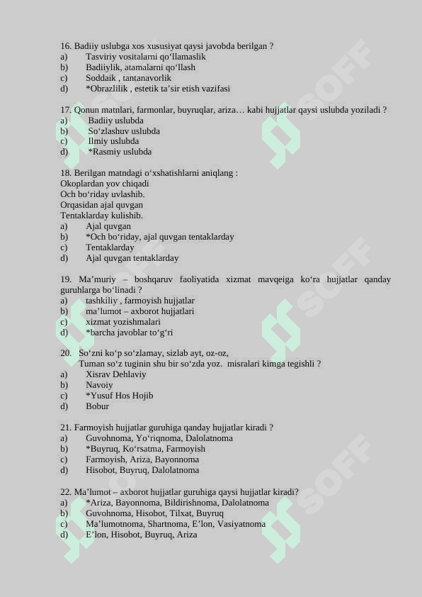 O‘ZBEK TILINING SOHADA QO‘LLANILISHI  FANIDAN TEST SAVOLLARI 200 ta javobi bilan 3
