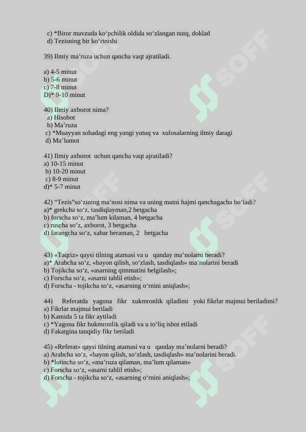 O‘ZBEK TILINING SOHADA QO‘LLANILISHI  FANIDAN TEST SAVOLLARI 200 ta javobi bilan 6