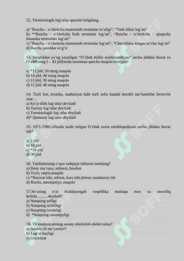 O‘ZBEK TILINING SOHADA QO‘LLANILISHI  FANIDAN TEST SAVOLLARI 200 ta javobi bilan 8