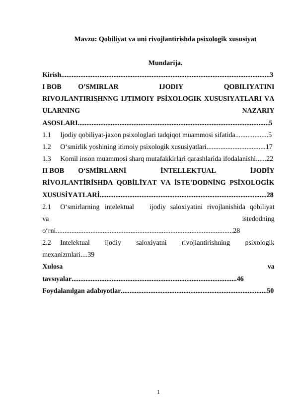 Qobiliyat va uni rivojlantirishda psixologik xususiyat