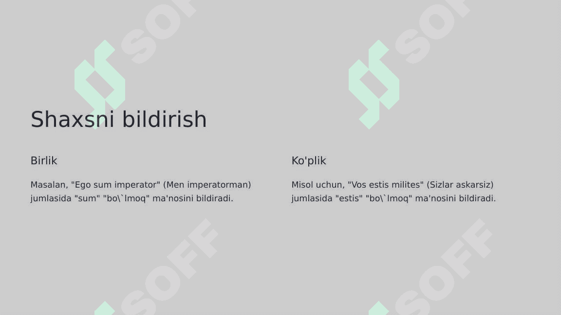 Lotin tilida “Sum, esse” – Bor bo'lmoq fe'lini tuslanishi. (Est modus in rebus) 8