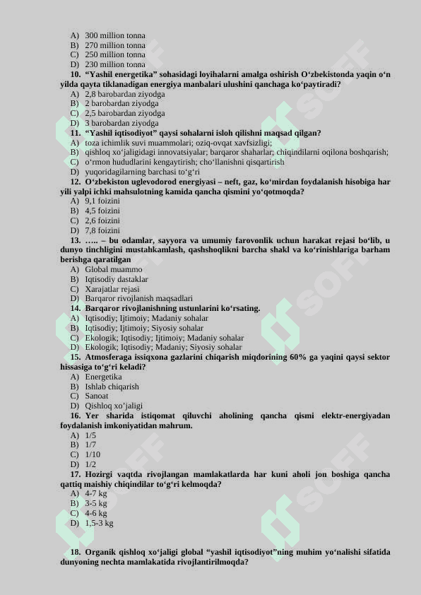 “YASHIL IQTISODIYOT” FANIDAN TESTLAR BAZASI 2