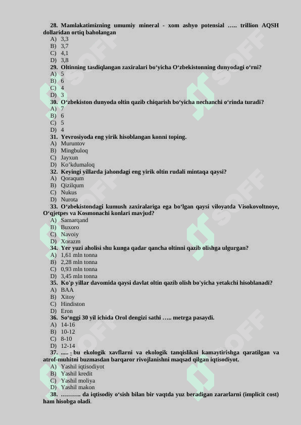 “YASHIL IQTISODIYOT” FANIDAN TESTLAR BAZASI 4