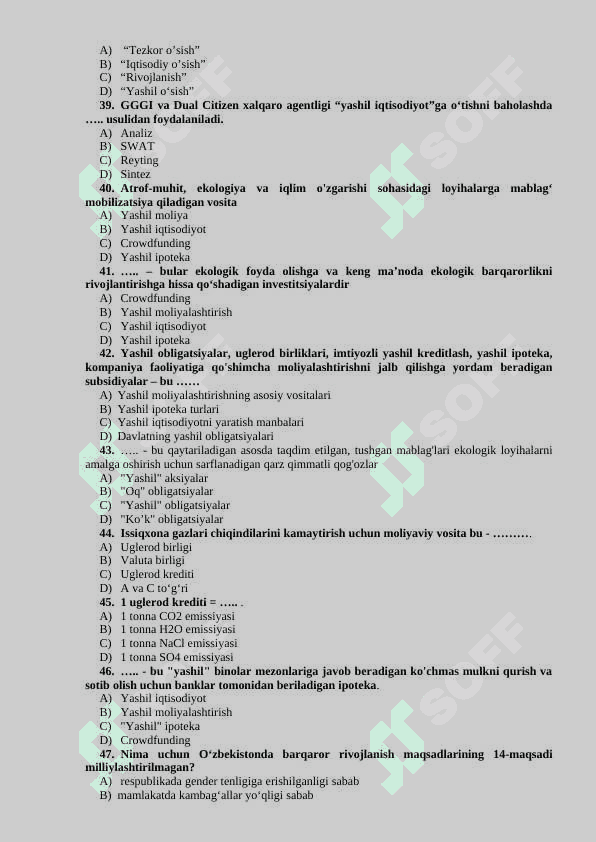 “YASHIL IQTISODIYOT” FANIDAN TESTLAR BAZASI 5