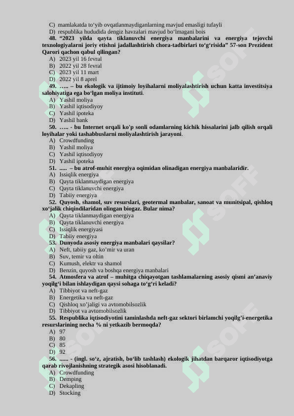 “YASHIL IQTISODIYOT” FANIDAN TESTLAR BAZASI 6