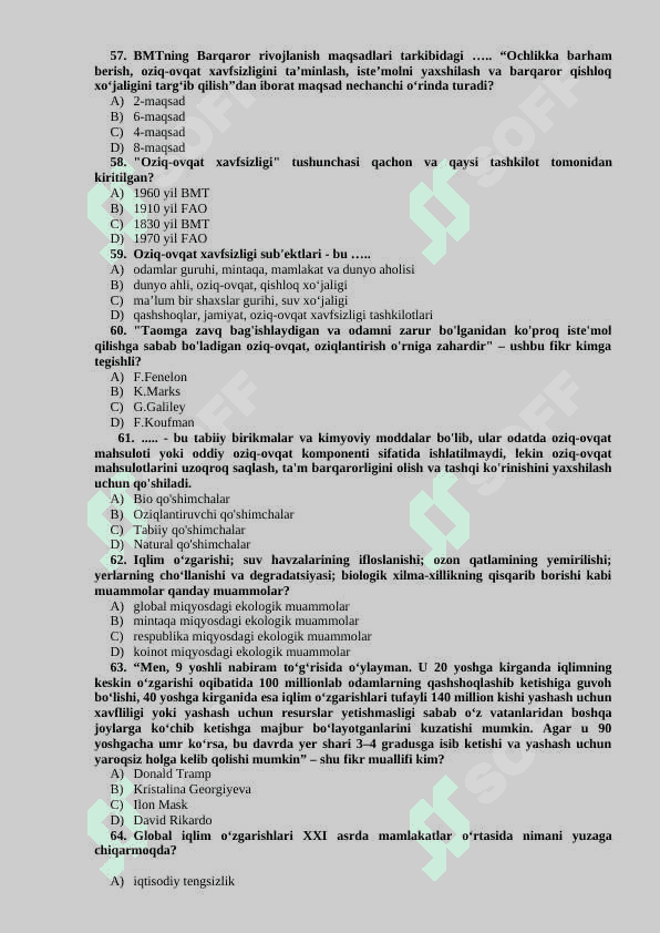 “YASHIL IQTISODIYOT” FANIDAN TESTLAR BAZASI 7