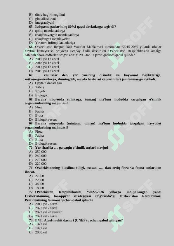 “YASHIL IQTISODIYOT” FANIDAN TESTLAR BAZASI 8