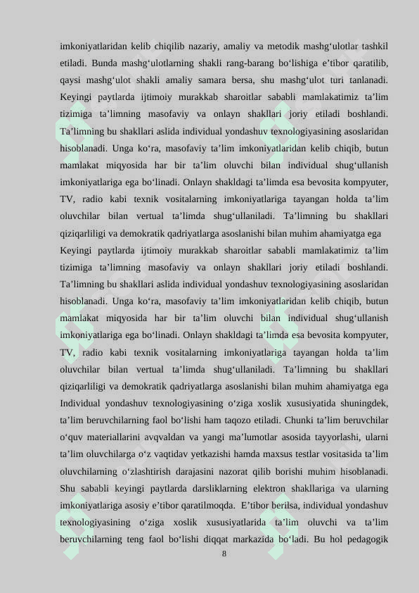 “Oʻquvchilarni individual yondashish orqali rivojlanish metodikasi” 8