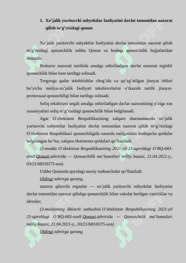 Xo’jalik yurituvchi subyektlar faoliyatini davlat tomonidan nazorat qilish to’g’risida 2