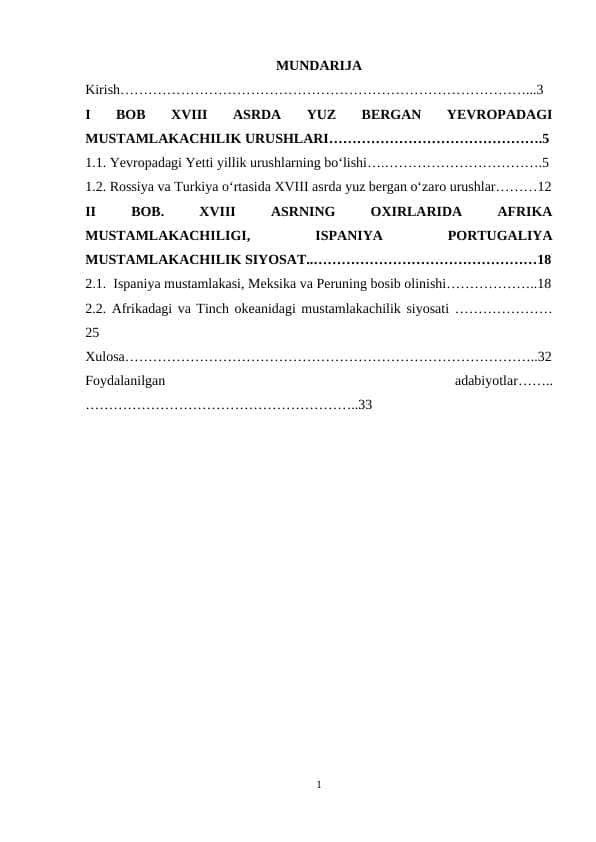 Yevropa davlatlarining mustamlakalar uchun kurashi XVIII asr 1