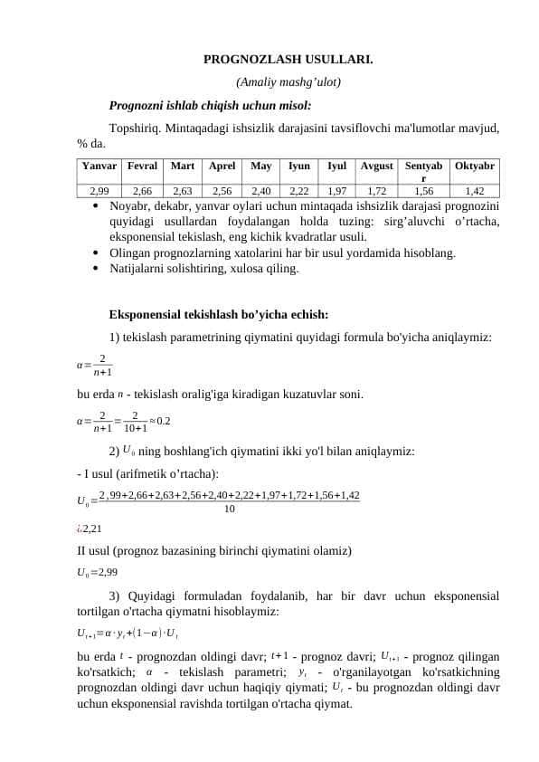 PROGNOZLASH USULLARI.  (Amaliy mashg’ulot)
