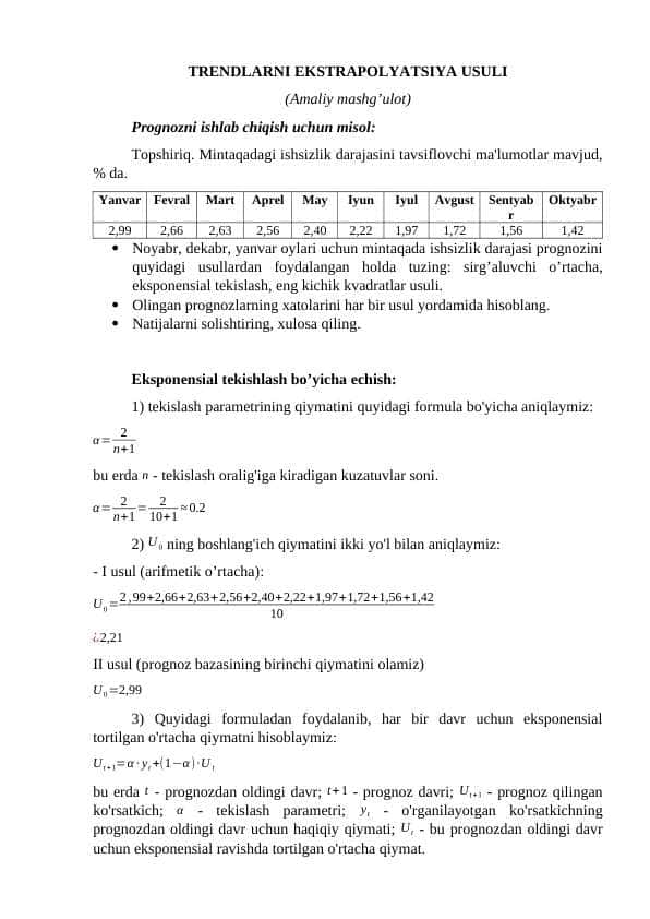 TRENDLARNI EKSTRAPOLYATSIYA USULI  (Amaliy mashg’ulot)