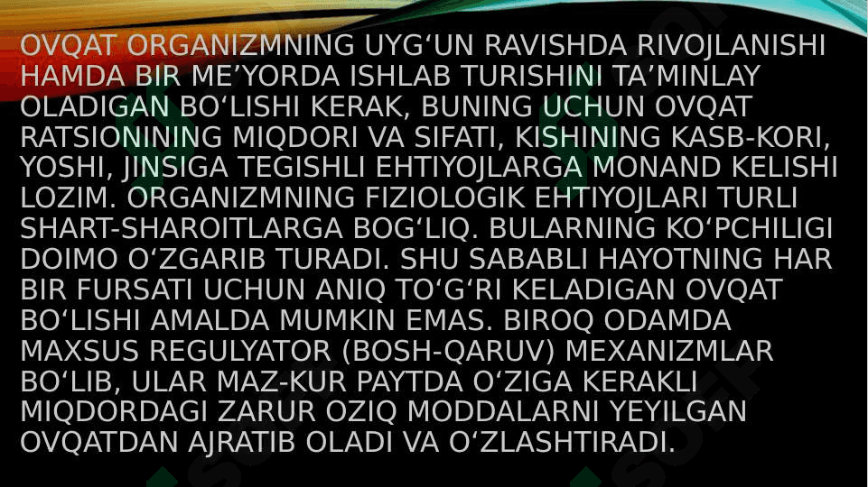 Ovqatlanishning adekvatligini tekshirish. Ovqatlanishning adekvatligini baholash. Bemorlarning ovqatlanishini tashkil qilish va uning gigiyenik nazorati 8
