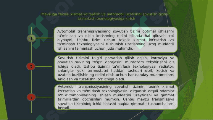 AVTOMOBIL DIVIGATELNING SOVUTISH TIZIMIGA TEXNIK XIZMAT KOʻRSATISH VA TAMIRLASH TEXNOLOGIYASI 3