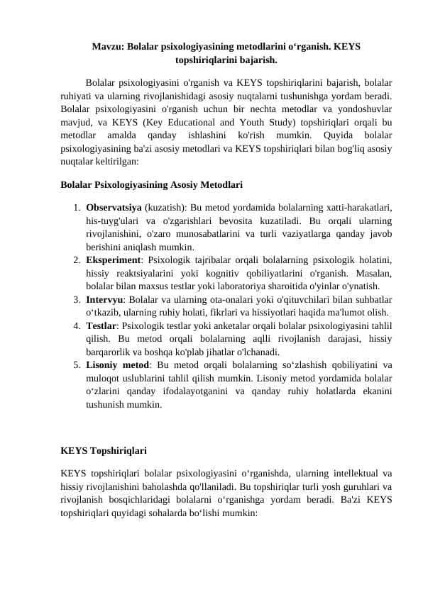 Bolalar psixologiyasining metodlarini o‘rganish. KEYS topshiriqlarini bajarish
