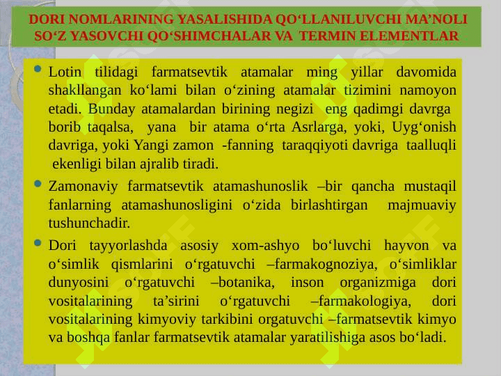 DORI NOMLARINING YASALISHIDA QO‘LLANILUVCHI MA’NOLI SO‘Z YASOVCHI QO‘SHIMCHALAR VA TERMIN ELEMENTLAR 2