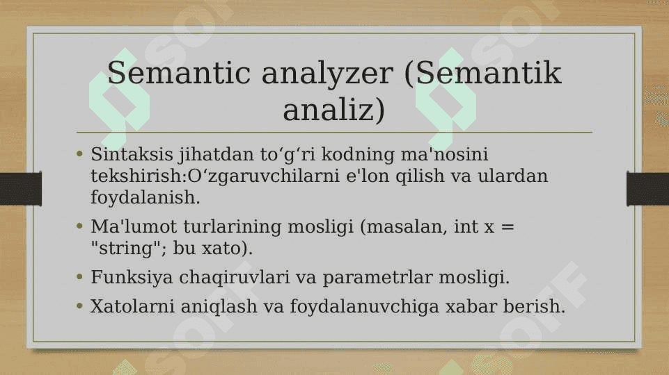 Mavzu: Dasturiy kodlarni tekshiruvchi kompilyator dasturini yaratish 8