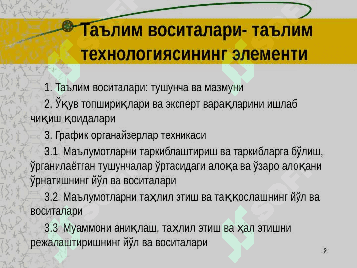 ТАЪЛИМ ВОСИТАЛАРИ- ТАЪЛИМ ТЕХНОЛОГИЯСИНИНГ ЭЛЕМЕНТИ 2