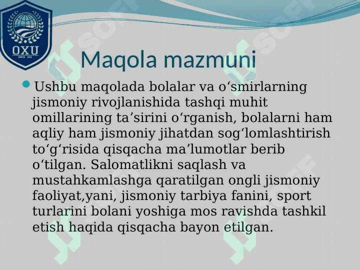 BOLALAR VA OʻSMIRLARNING JISMONIY RIVOJLANISHINI SOGʻLOMLASHTIRISH VA VA UNGA QARATILGAN CHORA TADBIRLAR 2