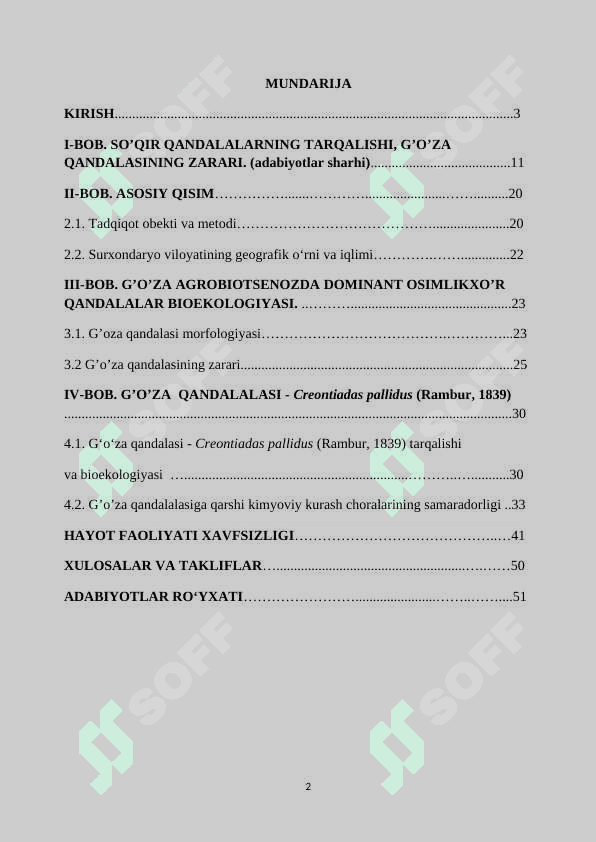G’o’za qandalasining rivojlanash bioekologiyasi va unga qarshi kimyoviy kurash choralarining samaradorligi 2