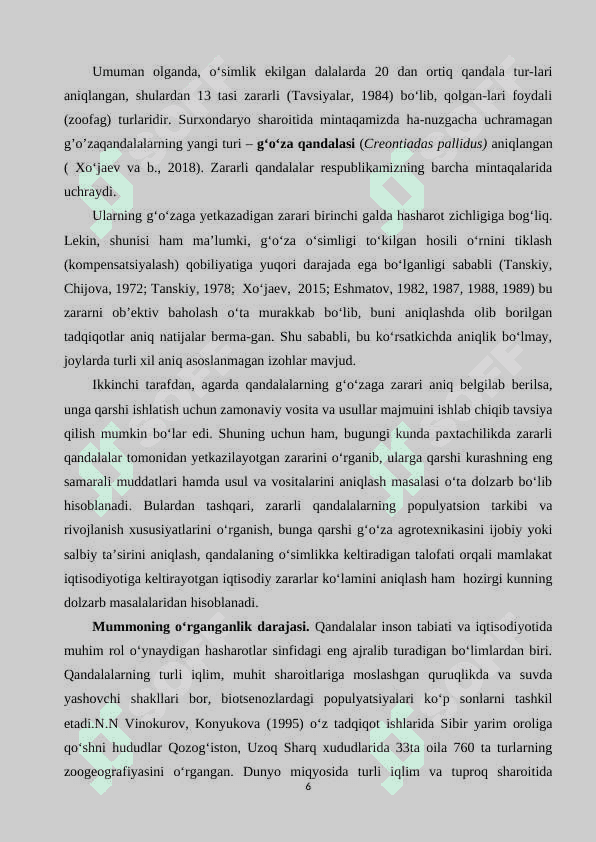 G’o’za qandalasining rivojlanash bioekologiyasi va unga qarshi kimyoviy kurash choralarining samaradorligi 6