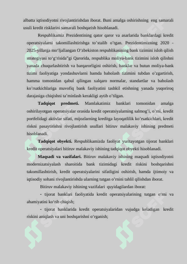 Bank kredit operatsiylarida vujudga keladigan kredit risklarini aniqlash va ularni minimallashtirish, kredit operatsiyalarini amalga oshirish sifatini yanada oshirish 4