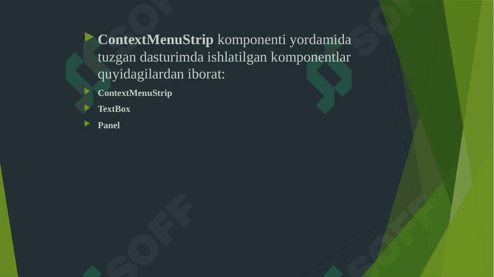 C# dasturlash tilida “ContextMenuStrip” komponenti yordamida dasturlar yaratish 7