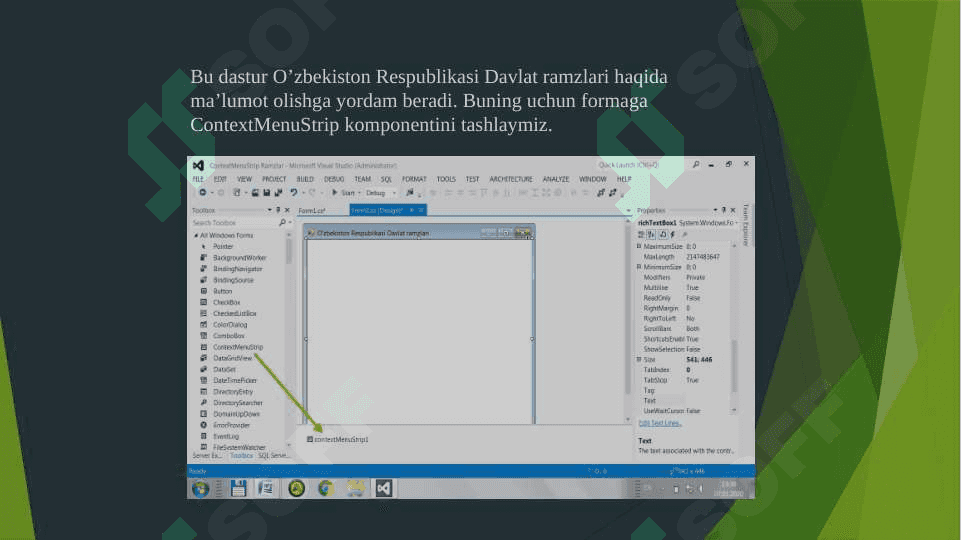 C# dasturlash tilida “ContextMenuStrip” komponenti yordamida dasturlar yaratish 8