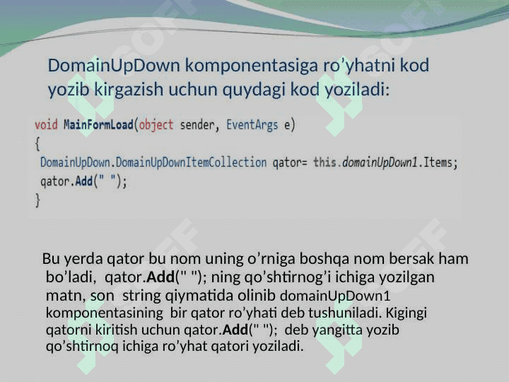 C# dasturlash tilida DomainUpDown komponentasi yordamida dasturlar yaratish 6