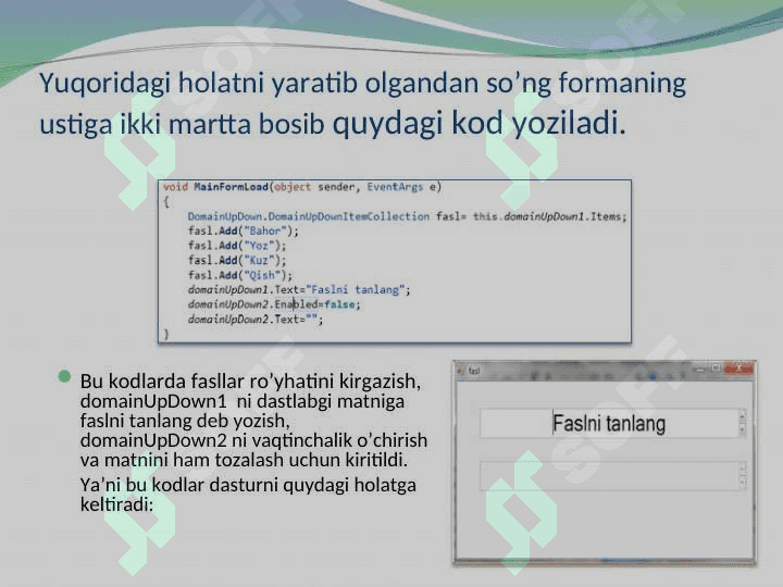 C# dasturlash tilida DomainUpDown komponentasi yordamida dasturlar yaratish 8
