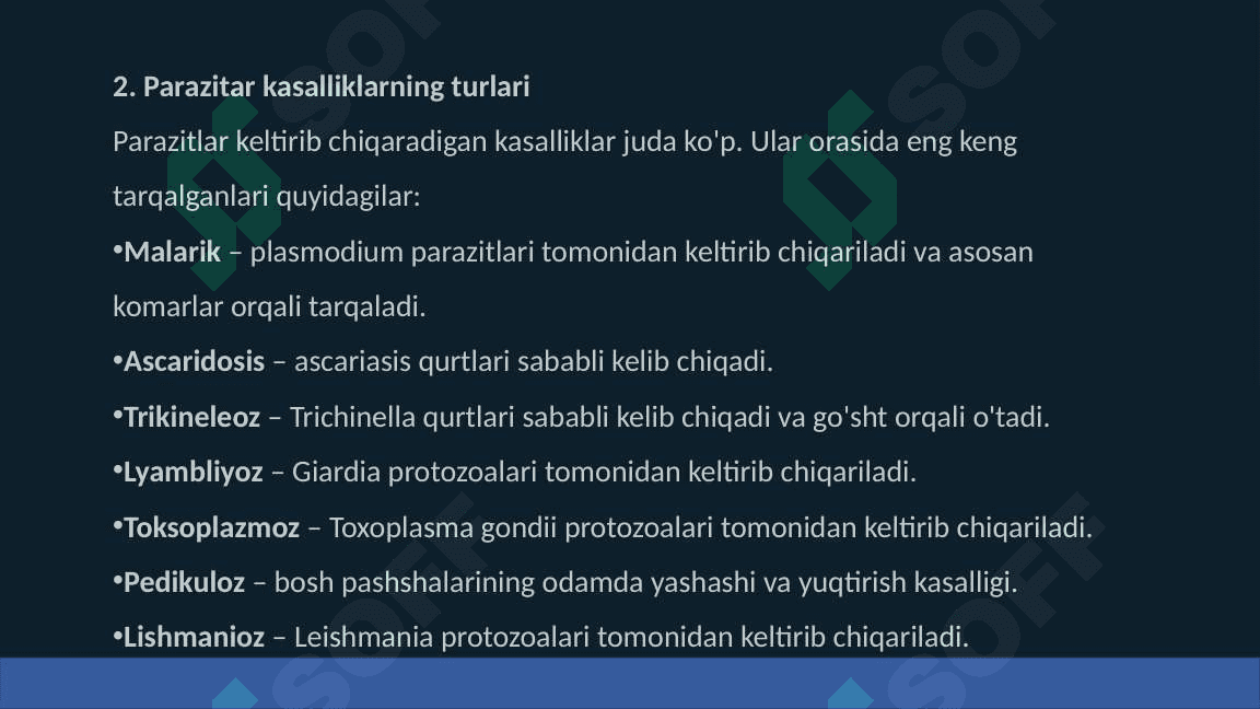 Parazitlar keltirib chiqaradigan kasaliklarni o'rganish hamda ularga qarshi kurash choralarini to'g'ri tashkil qilish 6