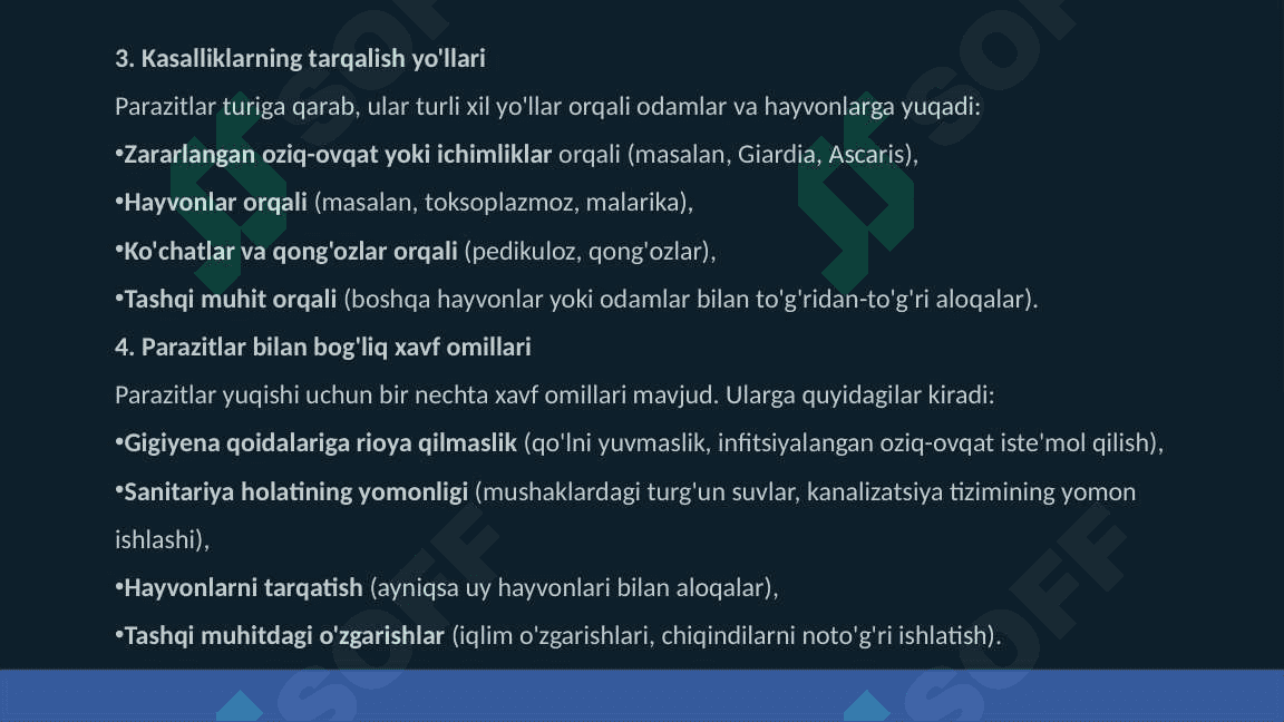 Parazitlar keltirib chiqaradigan kasaliklarni o'rganish hamda ularga qarshi kurash choralarini to'g'ri tashkil qilish 8
