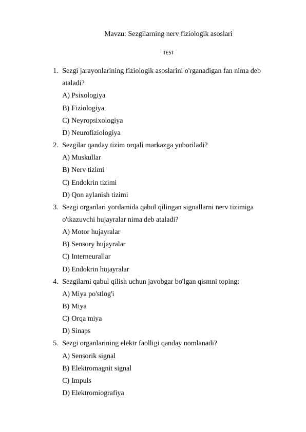 Sezgilarning nerv fiziologik asoslari krossvord test