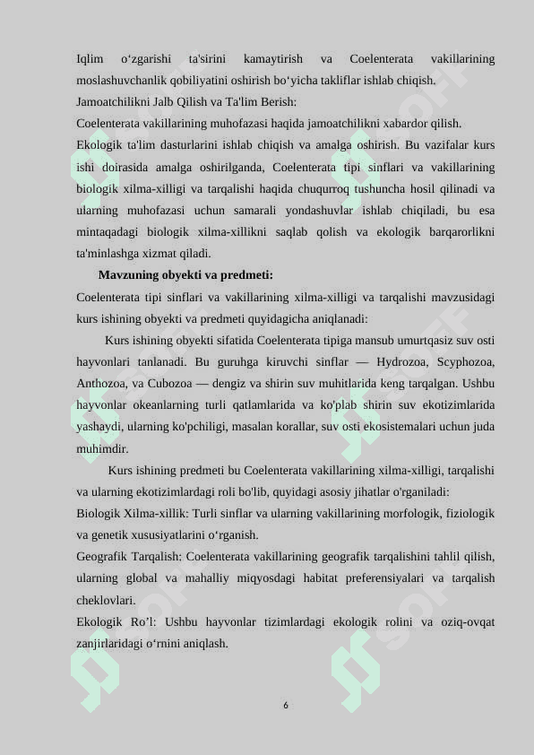 Coelenterata tipi sinflari va vakillarining xilma-xilligi va tarqalishi 6