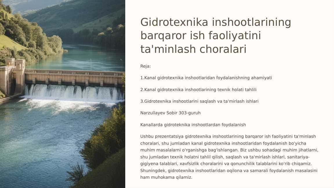 Gidrotexnika inshootlarining barqaror ish faoliyatini ta'minlash choralari