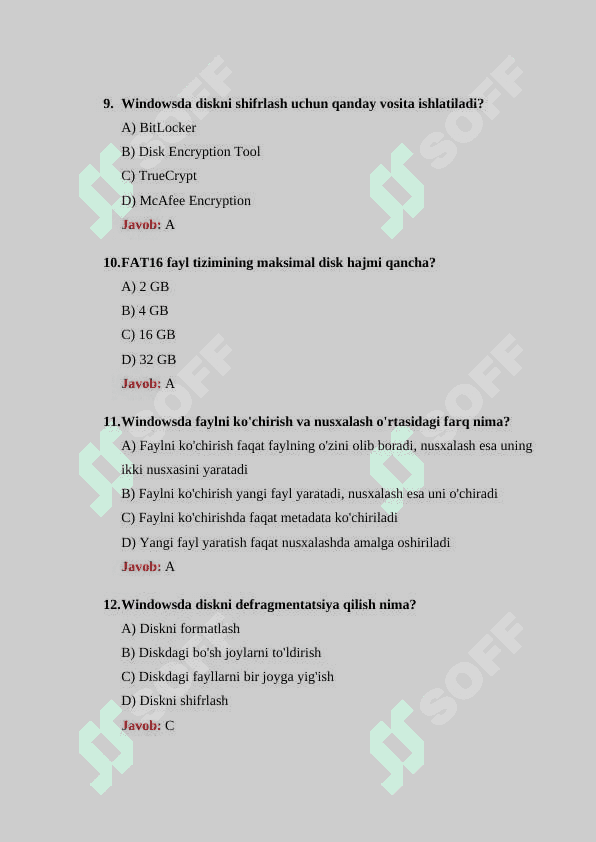 Windows operatsion tizimi fayl tizimlari boʻyicha 30 ta test savollari javoblari bilan 3