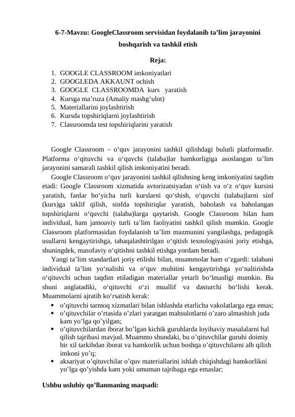 Google classroom bilan ishlash