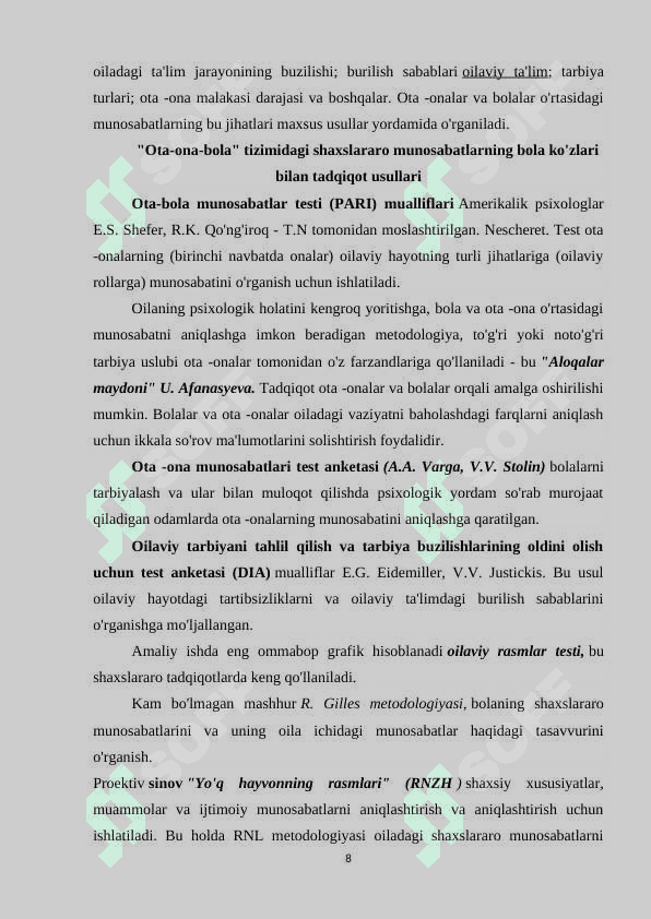 Ota-ona-bola munosabatlari diagnostikasi metodlari va metodikalari 8