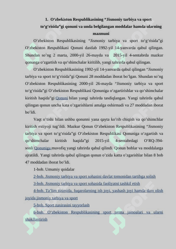 Oʻzbekiston Respublikasi hukumatining jismoniy madanyat va sport boʻyicha qabul qilingan hujjatlarning ahamyati 2