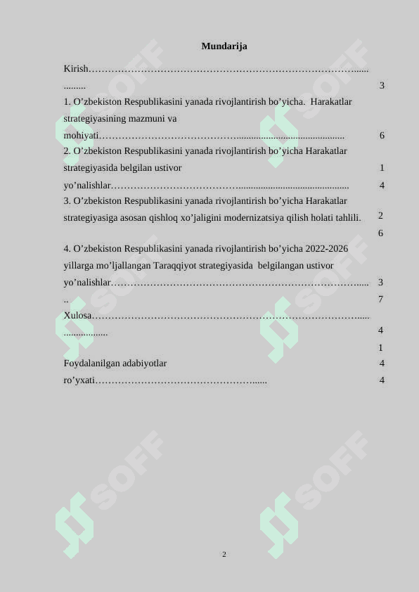 O’zbekiston Respublikasini yanada rivojlantirish bo’yicha Harakatlar strategiyasining mazmuni. 2
