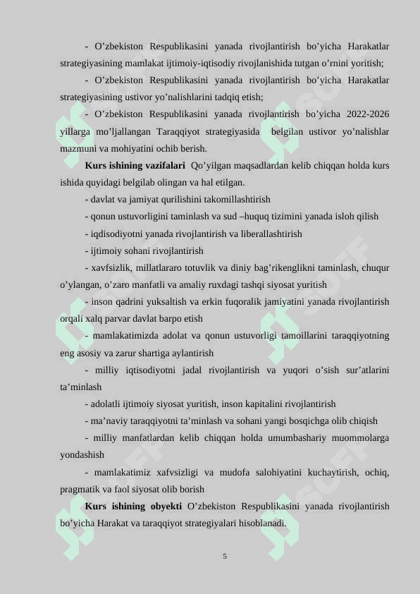 O’zbekiston Respublikasini yanada rivojlantirish bo’yicha Harakatlar strategiyasining mazmuni. 5