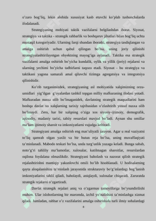 O’zbekiston Respublikasini yanada rivojlantirish bo’yicha Harakatlar strategiyasining mazmuni. 8
