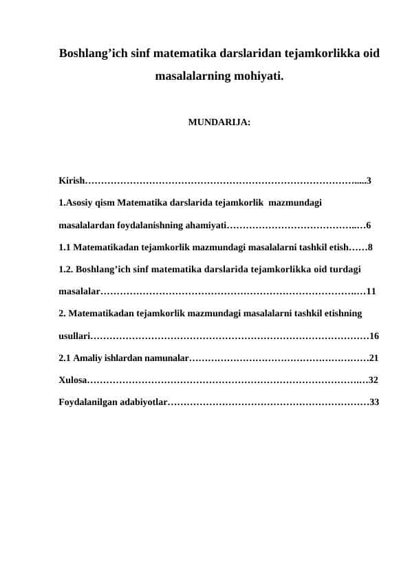 Boshlang’ich sinf matematika darslaridan tejamkorlikka oid masalalarning mohiyati.