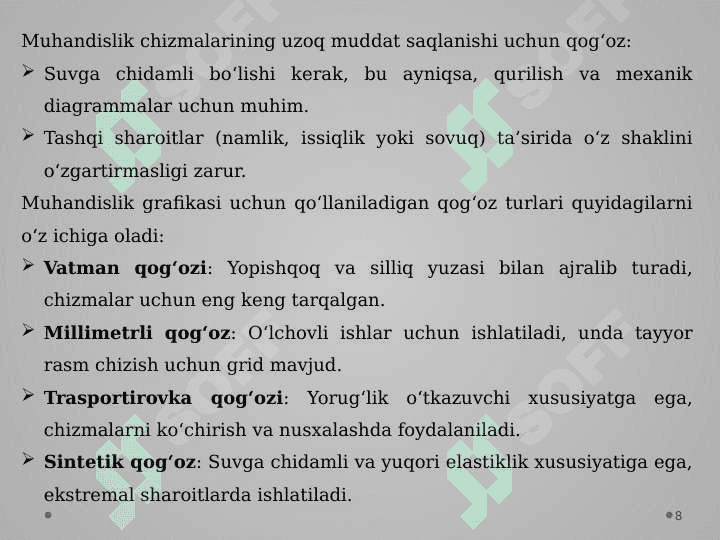 Muhandislik grafikasida qog‘oz turlari.  Chizma formatlarining turlari 8