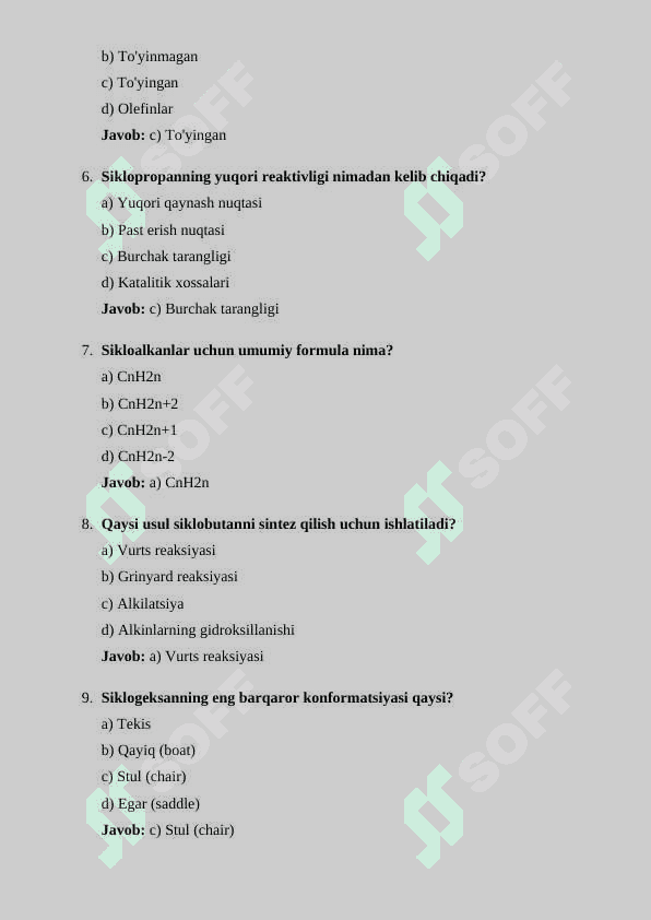 SIKLOALKANLAR OLINISH USULLARI VA XOSSALARI test 2