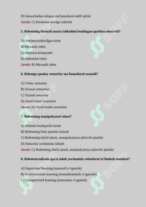 Robototexnika boʻyicha 30 ta test savollari va ularning  javoblari bilan 2